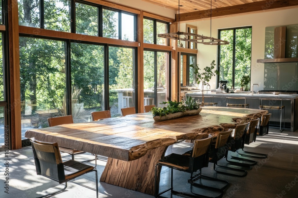 An inviting dining area featuring a large reclaimed wood table surrounded by chairs made from sustainable materials. Natural light floods the room through expansive windows, creating a warm An inviting dining area featuring a large reclaimed wood table surrounded by chairs made from sustainable materials. Natural light floods the room through expansive windows, creating a warm
