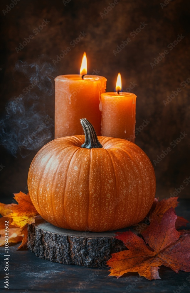 Halloween Pumpkin with Candles and Autumn Leaves on Wooden Table Halloween Pumpkin with Candles and Autumn Leaves on Wooden Table