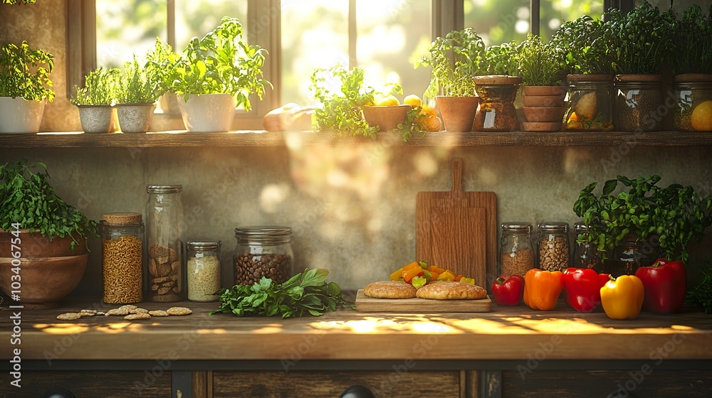 Warm and inviting kitchen scene featuring baking ingredients arranged on a rustic wooden countertop, perfect for showcasing recipes, culinary blogs, or food-related content. Warm and inviting kitchen scene featuring baking ingredients arranged on a rustic wooden countertop, perfect for showcasing recipes, culinary blogs, or food-related content.