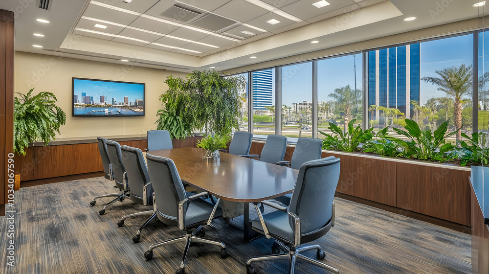 Modern conference room with large table and plants, designed for meetings and collaboration. Modern conference room with large table and plants, designed for meetings and collaboration.