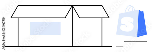 Simplistic drawing of a building next to a shopping bag. Ideal for themes such as online shopping, retail, e-commerce, storefronts, and consumer goods. Minimalist linear style