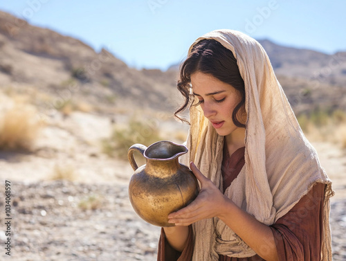 A woman with a covered head and a jug in the Judean desert. Photo can be used for biblical and gospel topics of publications