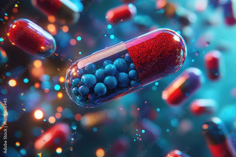 Colorful capsule with blue and red particles floating in a vibrant background Colorful capsule with blue and red particles floating in a vibrant background