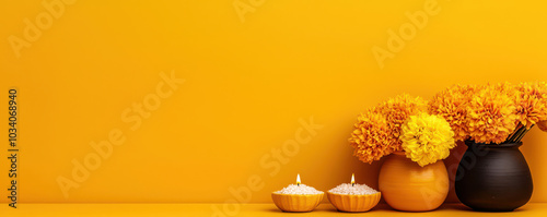 Bright yellow background with traditional puja items, including decorative bowls and vibrant marigold flowers, creating festive atmosphere photo