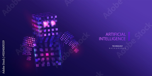 Virtual gamer e-sport ai robot vector illustration. Digital chat bot, robot made of cube, conversation and communication concept. Gaming cyborg of artificial intelligence.