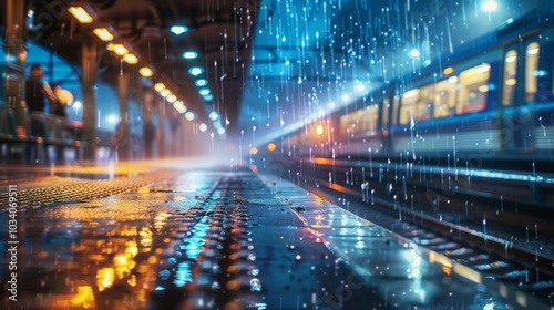 Rainy Night Train Station Platform