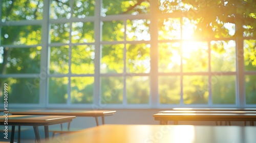 Bright classroom with sunlight filtering through large windows and greenery outside.