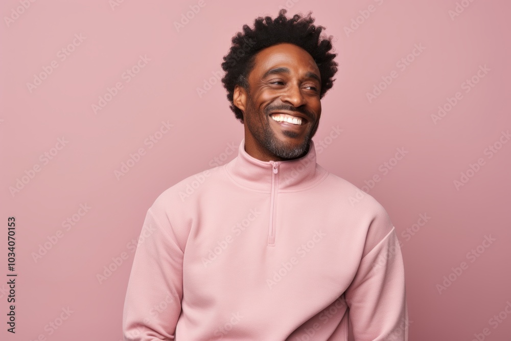 Portrait of a joyful afro-american man in his 40s wearing a thermal fleece pullover isolated on pastel or soft colors background Portrait of a joyful afro-american man in his 40s wearing a thermal fleece pullover isolated on pastel or soft colors background