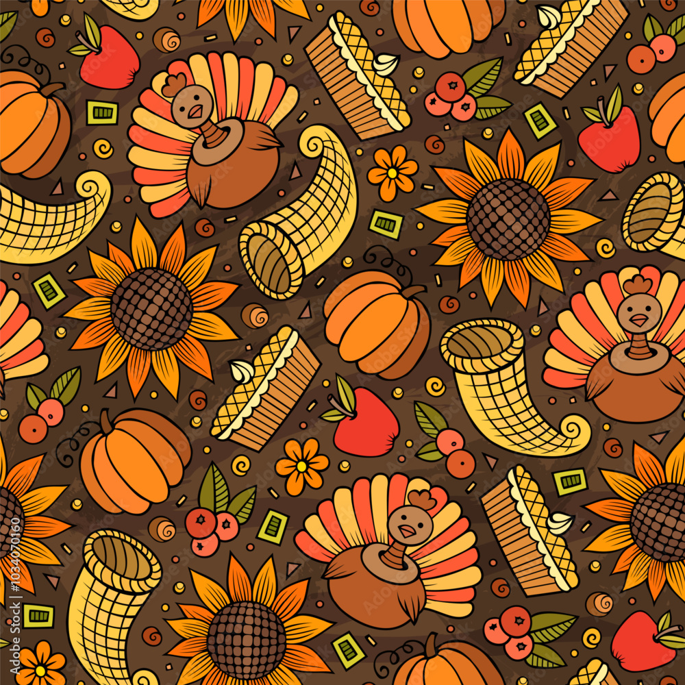 Cartoon cute hand drawn Thanksgiving seamless pattern. Cartoon cute hand drawn Thanksgiving seamless pattern.