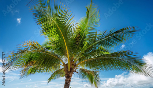 Tropical Palm Tree Image with Vibrant Green Leaves and Bright Blue Sky