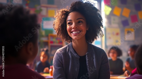 Joyful woman engaged in conversation with a child in a vibrant classroom setting.