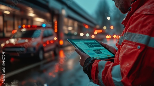 An emergency responder in an orange jacket uses a tablet to review important data while standing on a city street at night, with emergency vehicles illuminated in the background.