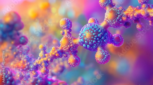 Abstract 3D rendering of a colorful molecule chain with vibrant colors and a blurred background.