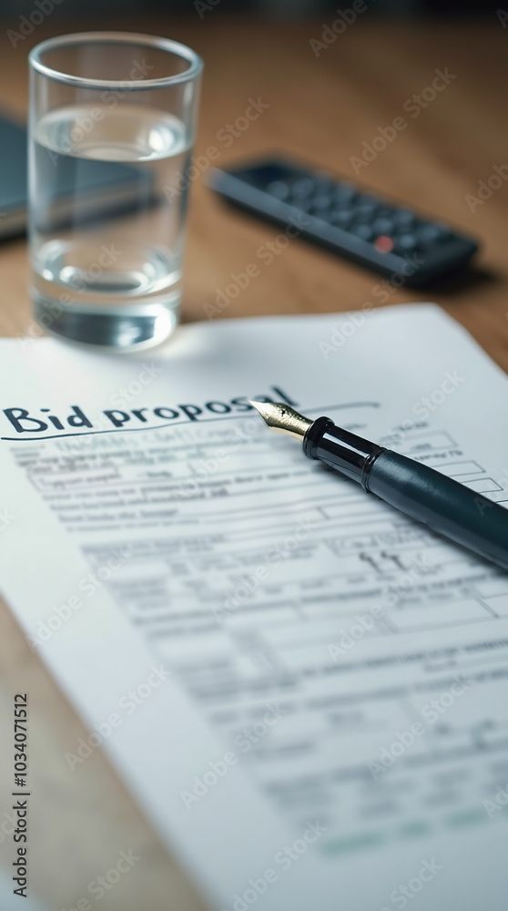 Obraz premium Bid proposal document with fountain pen and glass of water on desk