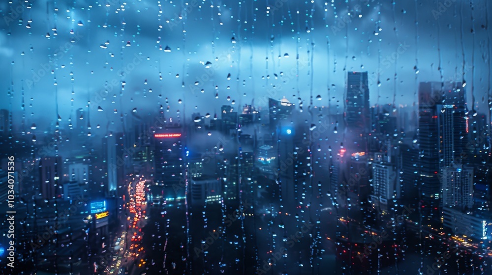 Fototapeta premium Rain Drops on Window City Lights Nighttime View