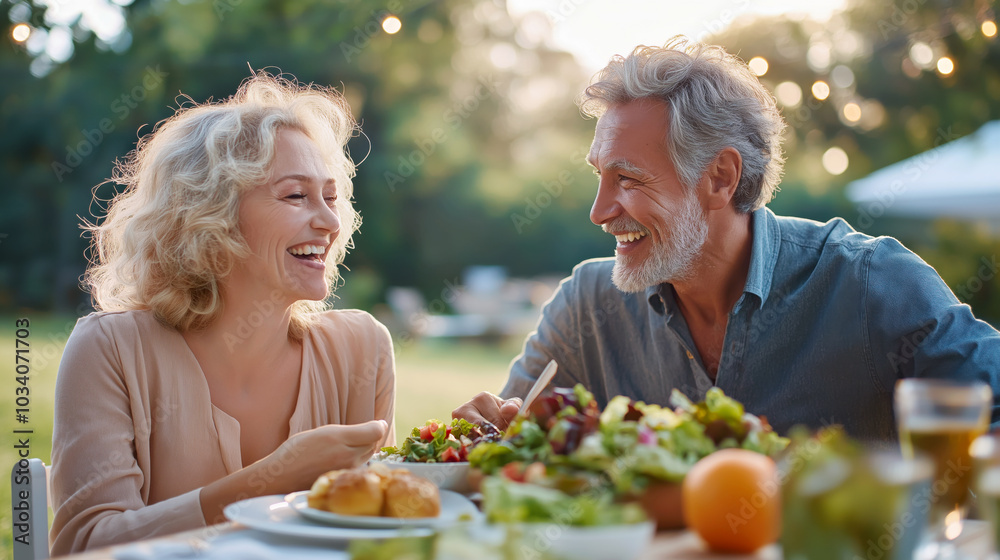 A joyful middle-aged couple shares laughter and a healthy meal outdoors A joyful middle-aged couple shares laughter and a healthy meal outdoors