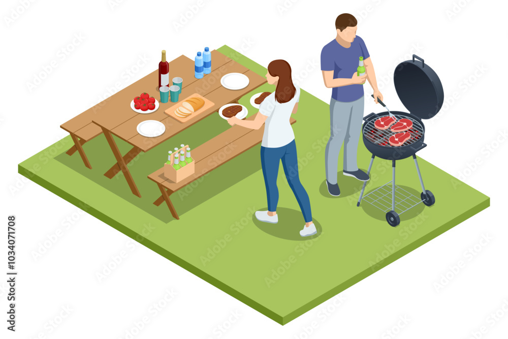 Fototapeta premium Isometric BBQ scene featuring a grill with various meats and vegetables cooking over an open flame. Outdoor barbecue, perfect for gatherings and casual summer cooking. Barbecue party by the pool.