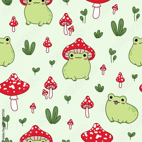 Seamless pattern with cute frog and fly agaric. Hand drawn vector illustration. Doodle cartoon style.