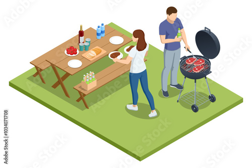 Isometric BBQ scene featuring a grill with various meats and vegetables cooking over an open flame. Outdoor barbecue, perfect for gatherings and casual summer cooking. Barbecue party by the pool.