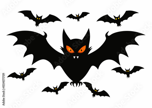 Vector Halloween bat black animals silhouette on white background