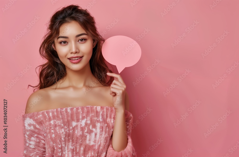Charming asian lady in cowskin print top with playful expression Charming asian lady in cowskin print top with playful expression
