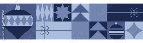 Christmas seamless border with geometric elements and christmas decoration in blue colors. Flat style. Template for winter holidays design
