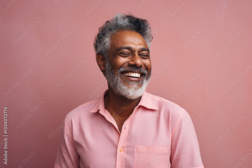 Portrait of a smiling indian man in his 50s donning a trendy cropped top isolated on pastel or soft colors background Portrait of a smiling indian man in his 50s donning a trendy cropped top isolated on pastel or soft colors background