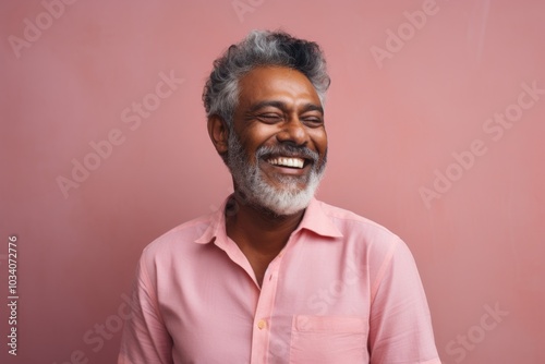 Portrait of a smiling indian man in his 50s donning a trendy cropped top isolated on pastel or soft colors background