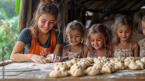 Young Teacher Guiding Kids in Dough Preparation