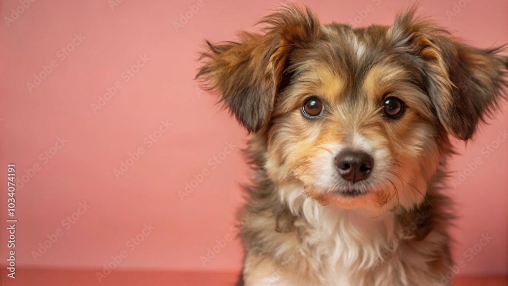 A cute brown and white puppy with big brown eyes looks directly at the camera against a pink background. A cute brown and white puppy with big brown eyes looks directly at the camera against a pink background.