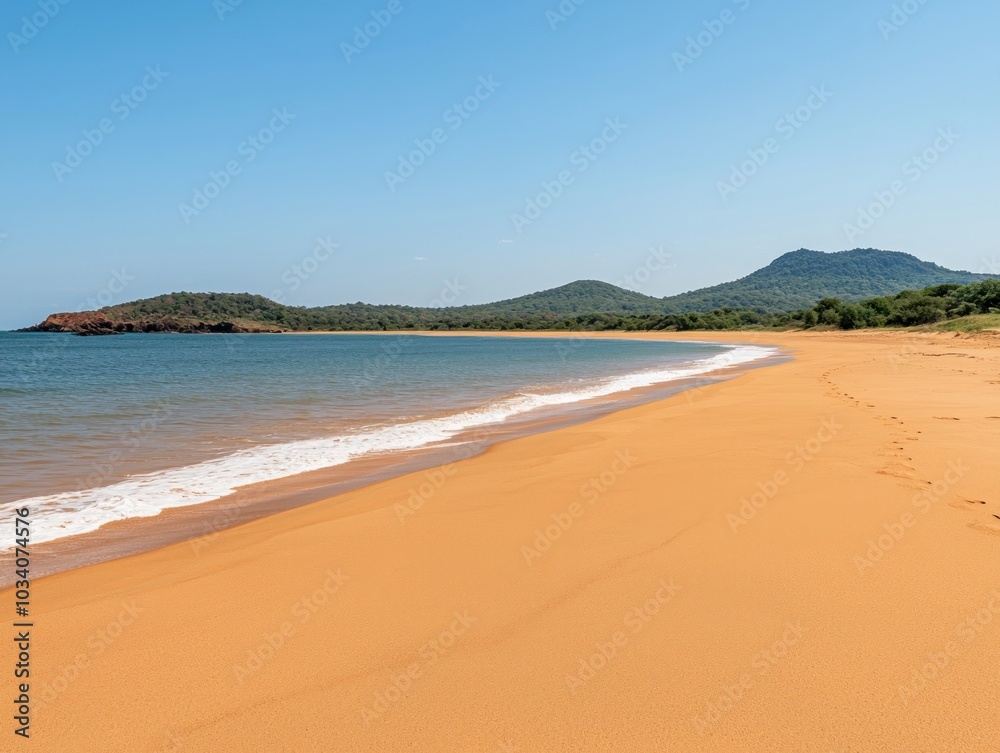 Breathtaking view of a serene beach with golden sand and gentle waves under a clear blue sky surrounded by lush green hills Breathtaking view of a serene beach with golden sand and gentle waves under a clear blue sky surrounded by lush green hills