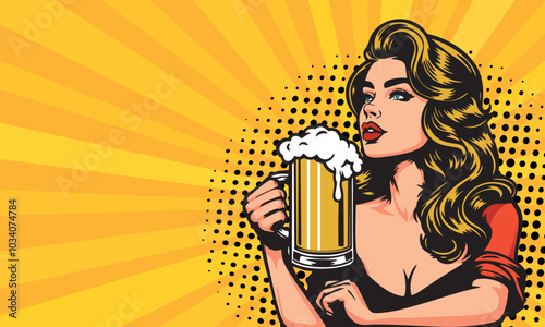 Beautiful woman with a mug of beer, blond curly hair. Vector bright background in retro comic pop art style
