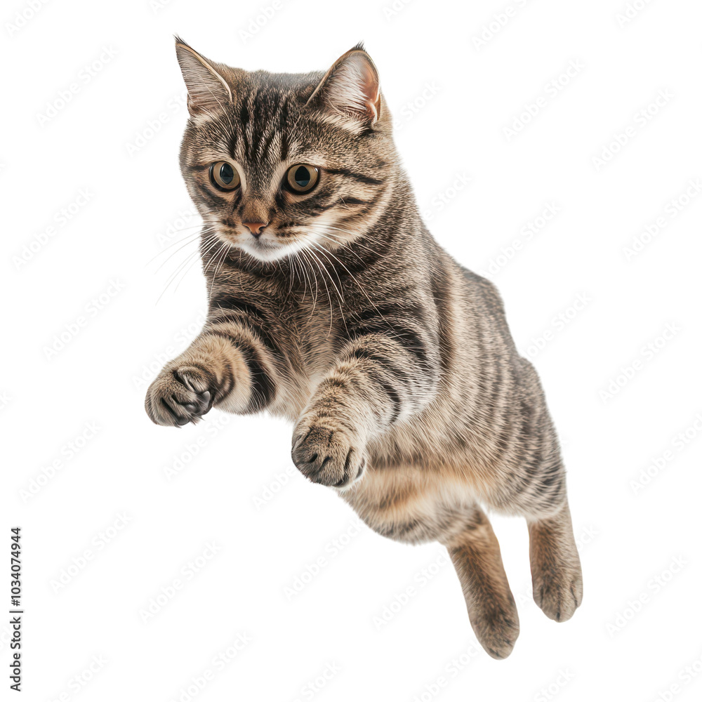 Fototapeta premium Playful tabby cat jumping, striped domestic kitten in midair. Cute feline pet action pose for ads and branding isolated PNG with Transparent Background