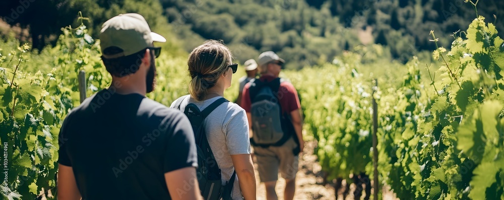 Eco Conscious Travelers Exploring Sustainable Vineyard on Guided Outdoor Tour Eco Conscious Travelers Exploring Sustainable Vineyard on Guided Outdoor Tour