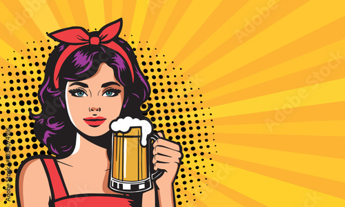 Beautiful woman with a mug of beer, blond curly hair. Vector bright background in retro comic pop art style