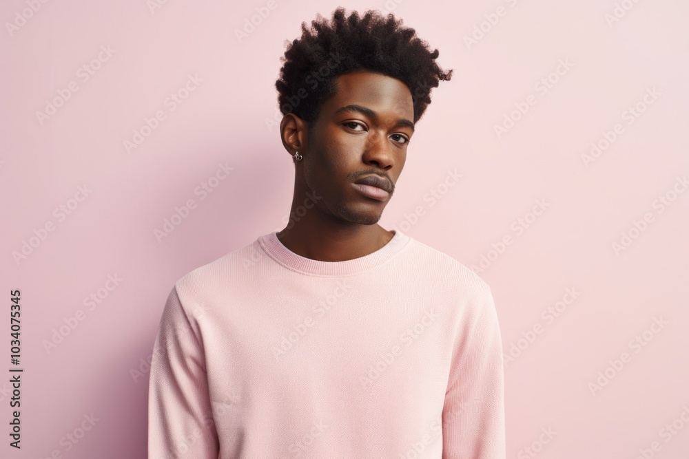 Portrait of a tender afro-american man in his 20s showing off a thermal merino wool top in front of pastel or soft colors background Portrait of a tender afro-american man in his 20s showing off a thermal merino wool top in front of pastel or soft colors background