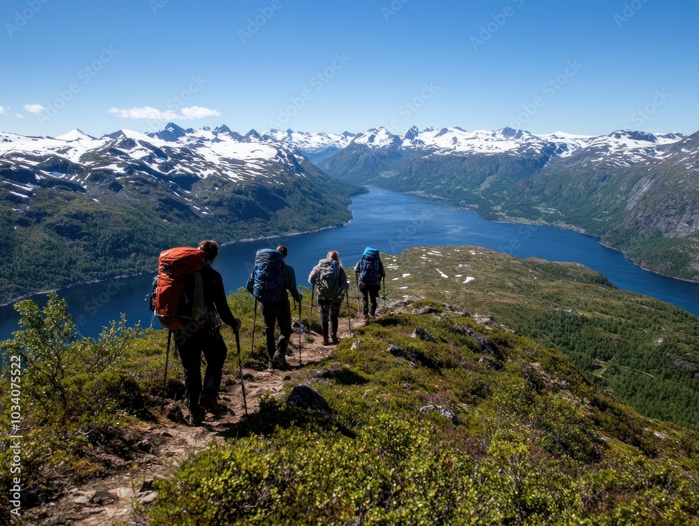 Obraz premium A group of adventurous hikers trekking through a stunning mountain landscape with a serene lake in the background on a bright sunny day