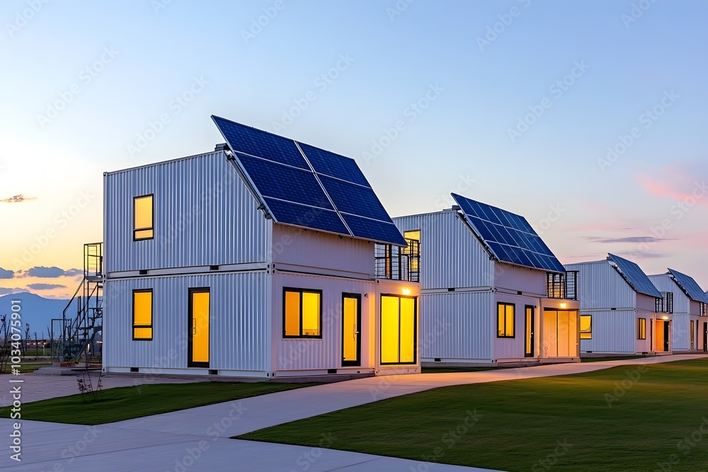 Sustainable Shipping Container Village with Green Energy Solutions at Sunset Sustainable Shipping Container Village with Green Energy Solutions at Sunset
