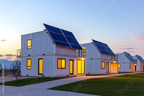 Sustainable Shipping Container Village with Green Energy Solutions at Sunset