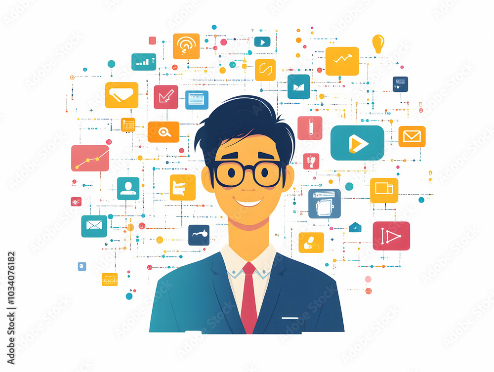 Flat Vector Illustration of Holographic Politician Surrounded by Social Media Posts and Metrics, Engaging Real-Time Feedback on a White Background for Digital Campaign Strategy Flat Vector Illustration of Holographic Politician Surrounded by Social Media Posts and Metrics, Engaging Real-Time Feedback on a White Background for Digital Campaign Strategy