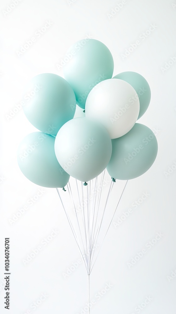 Pastel Mint Green and White Balloons Floating Against a White Background Pastel Mint Green and White Balloons Floating Against a White Background