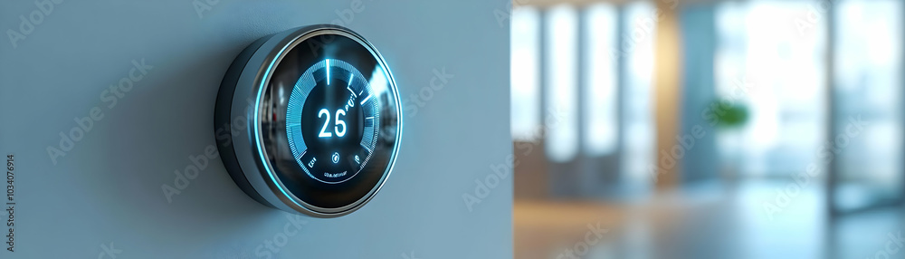 Holographic Smart Thermostat with Floating Temperature Graph - Dolly Shot Close-Up, Dynamic Camera Movement on White Wall for Photo Stock Concept