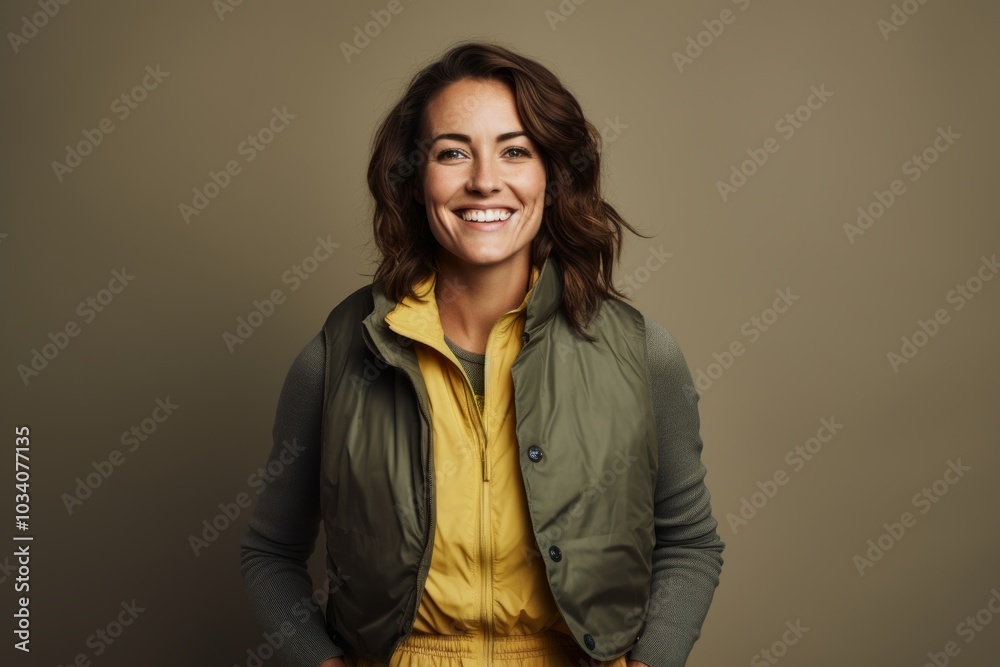 Fototapeta premium Portrait of a happy woman in her 30s dressed in a water-resistant gilet isolated in minimalist or empty room background