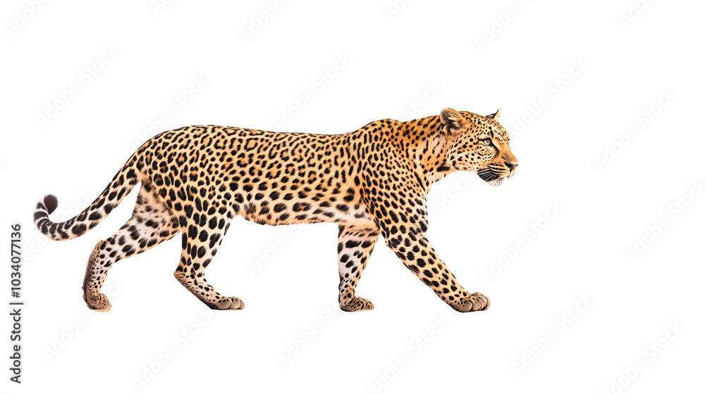 Leopard walking gracefully, white isolate background. Leopard walking gracefully, white isolate background.