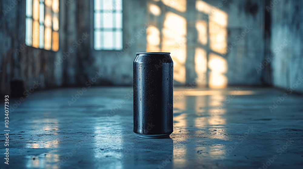 black aluminum can in abandoned factory setting black aluminum can in abandoned factory setting