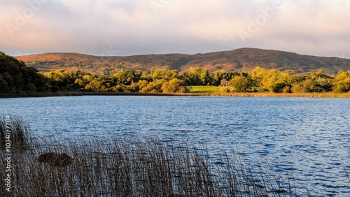 Obraz na płótnie Beautiful lakeside landscape scenery, mountains reflected in Ross lake, county Galway, Ireland, nature background w salonie