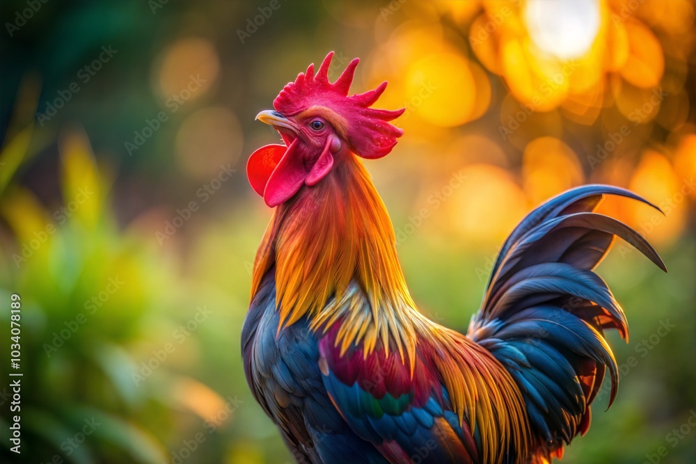 Vibrant rooster in golden light of dawn with striking plumage farm animal Vibrant rooster in golden light of dawn with striking plumage farm animal