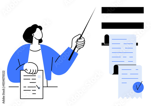 An instructor holds a document and points to a checklist. Ideal for education, presentations, document management, business training, and task organization. Cartoon vector style