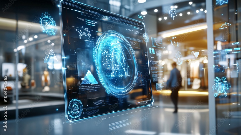 Futuristic Hologram Display in Modern Interior. Futuristic Hologram Display in Modern Interior.