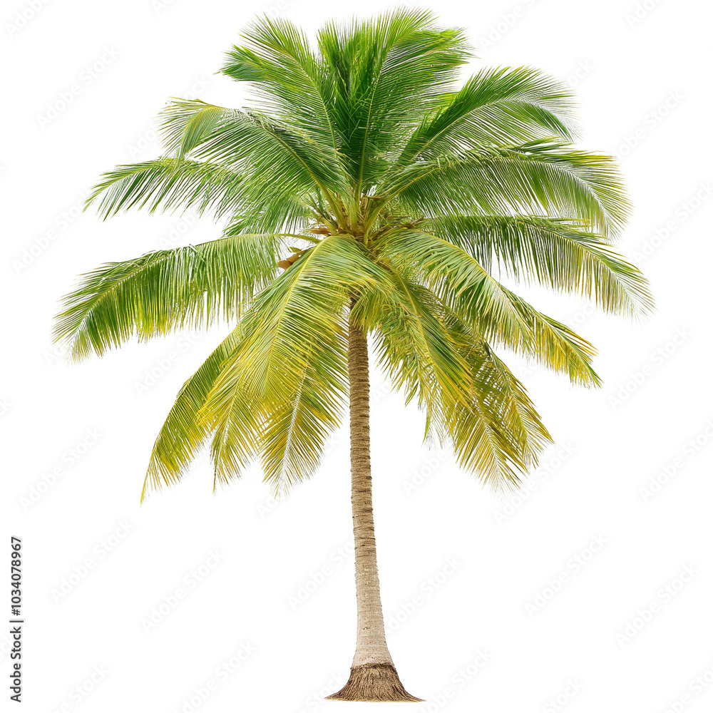 Lush green palm tree isolated on white background.